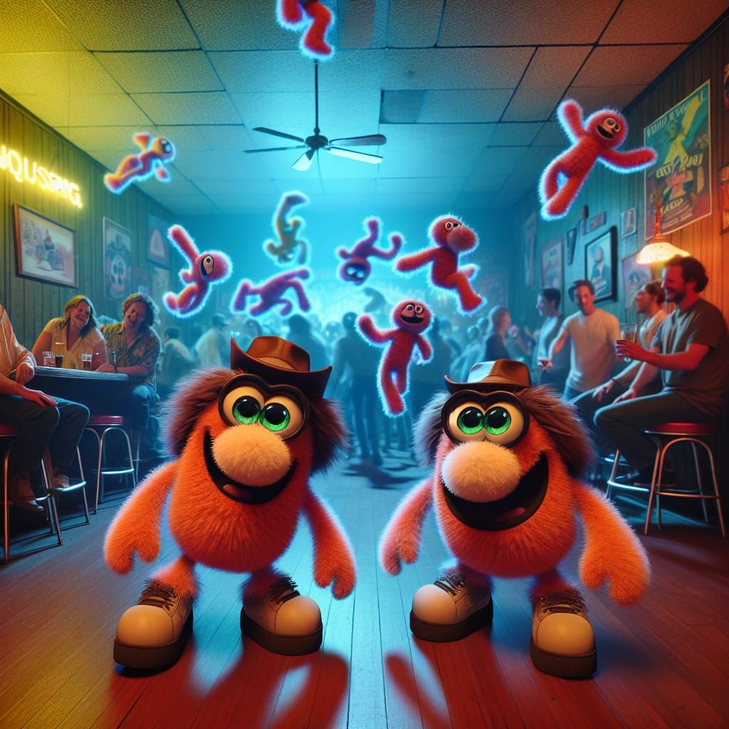 Pixar Style Plush Dolls Dancing in Dive Bar