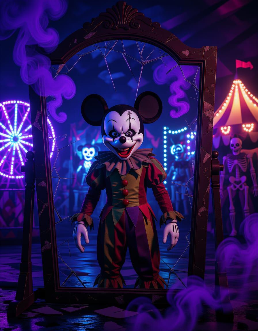 Horrific Jester in a Haunted Carnival Mirror Maze