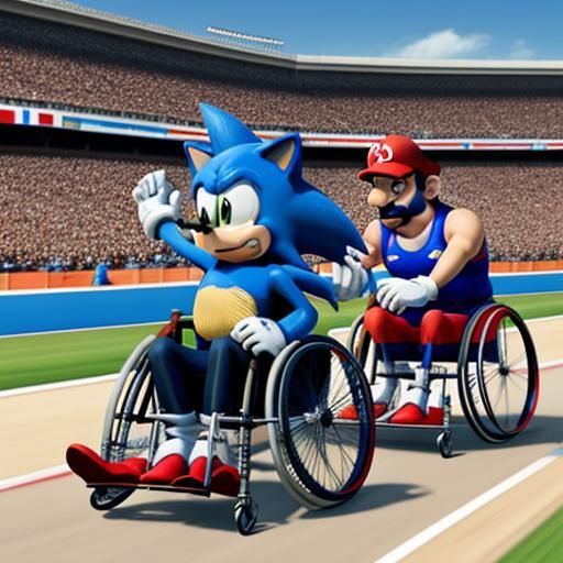 Mario and Sonic at the Paris Paralympic Games wheelchair rac...