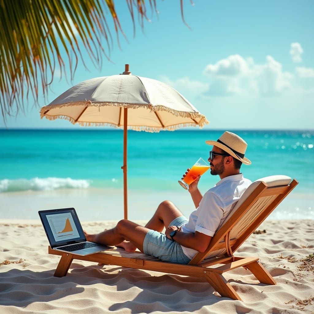 Relaxed Real Estate Agent on Beach Shows Sales Growth