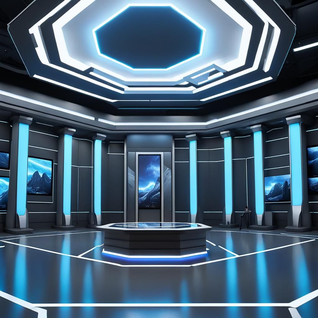 Modern Hexagonal Broadcast Studio with Blue Lighting
