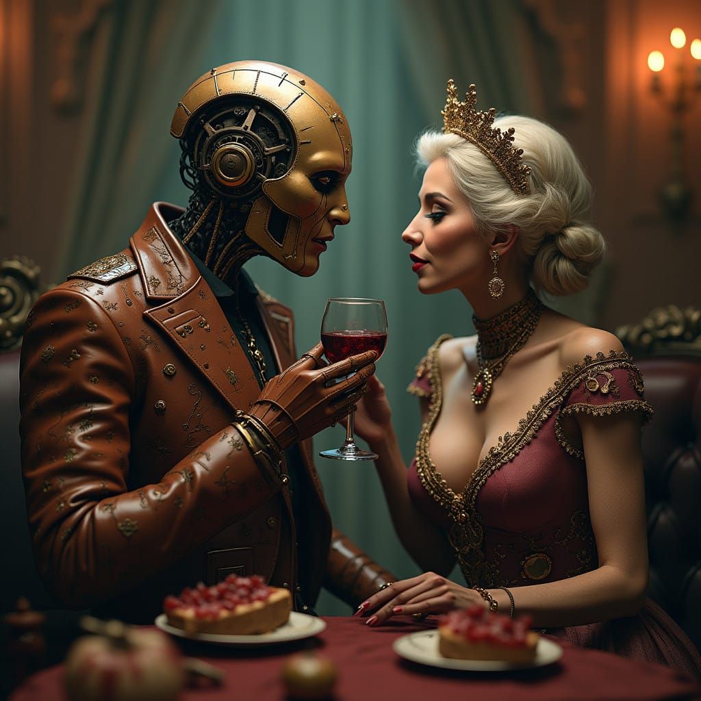 Robotic Gentleman Charms Vintage Lady in Haunting Luxury