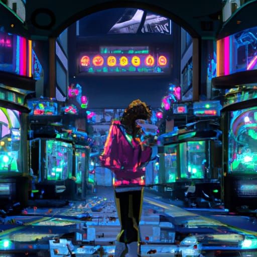 Chaotic Arcade at Night in 90s Anime Style