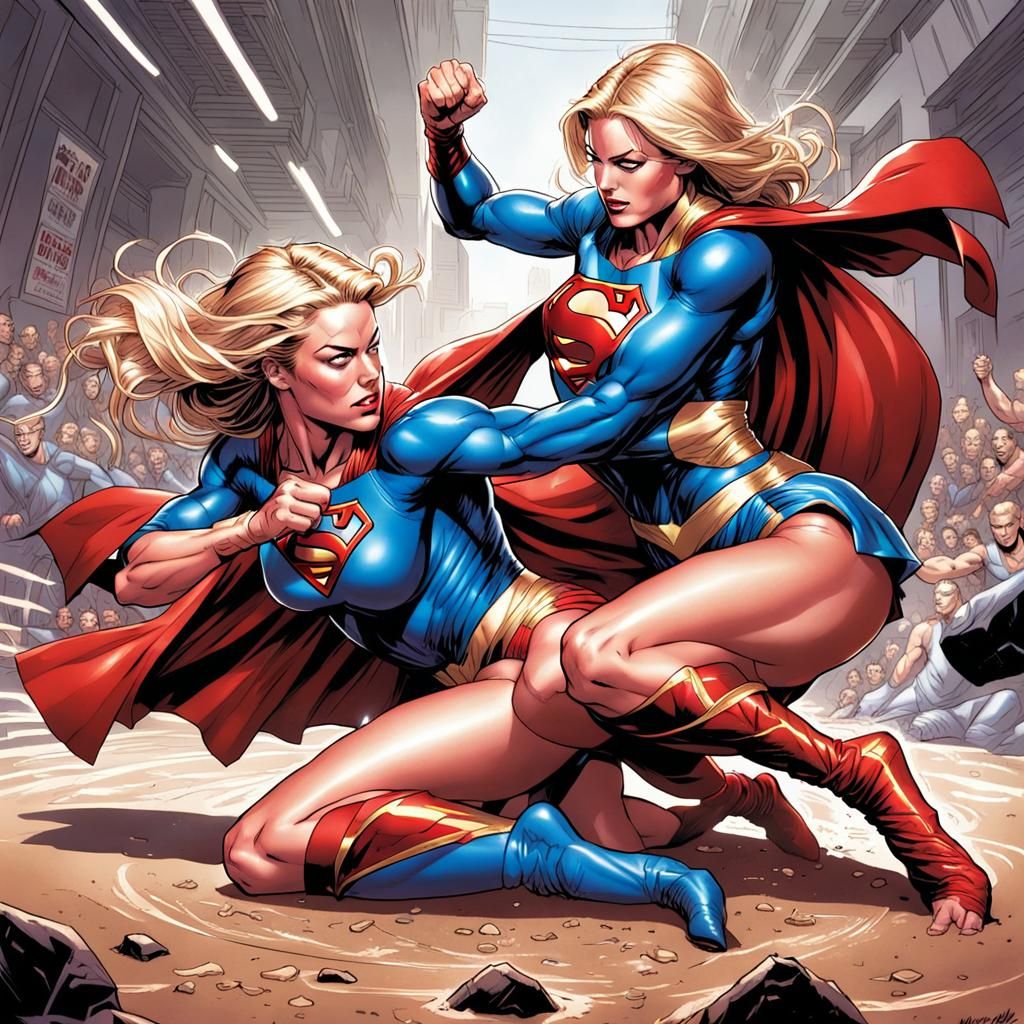 Supergirl Wrestling Armbar in Comic Book Style