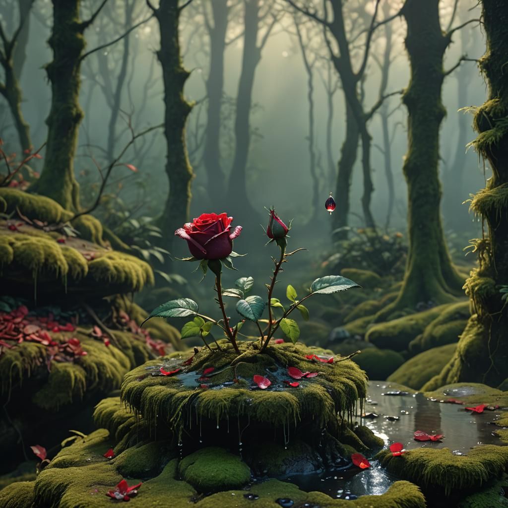 Sweat-Drenched Red Rose in Bioluminescent Forest