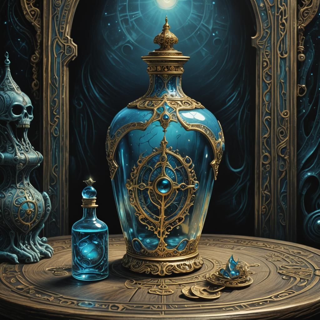Glowing Potion Bottle in Surrealist Tarot Art