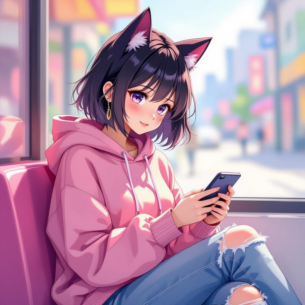 Anime Girl with Bat Ears in Vibrant Style
