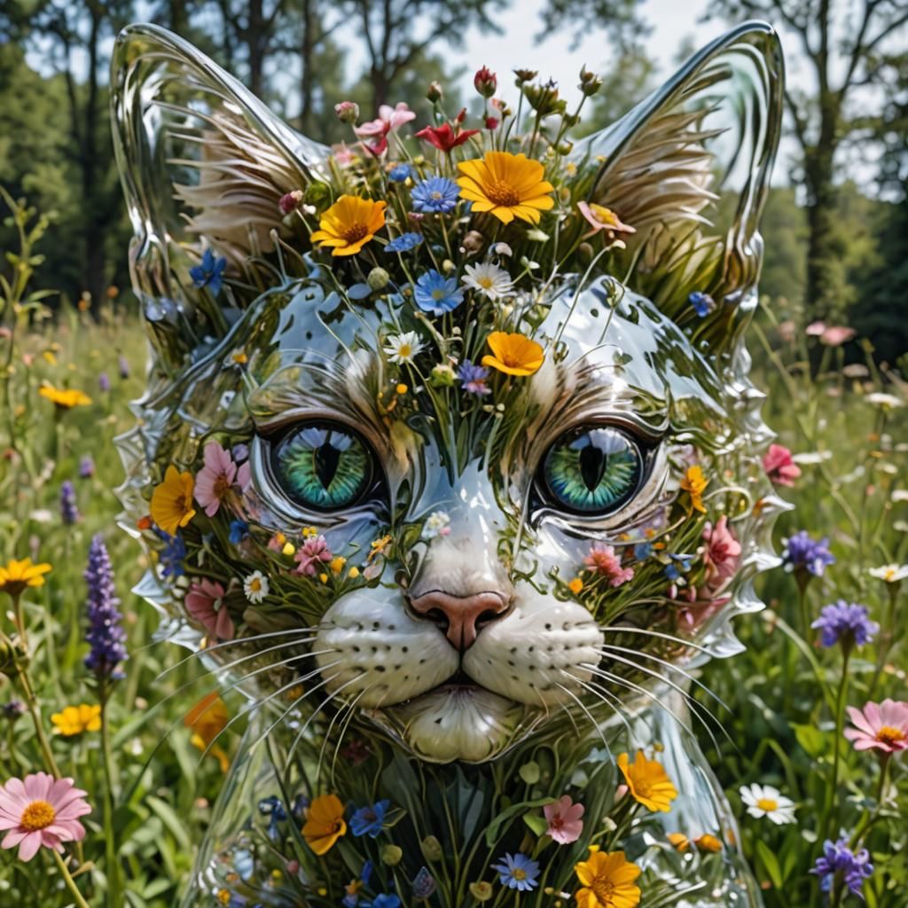 Surreal Wildflower Cat Head in Glass