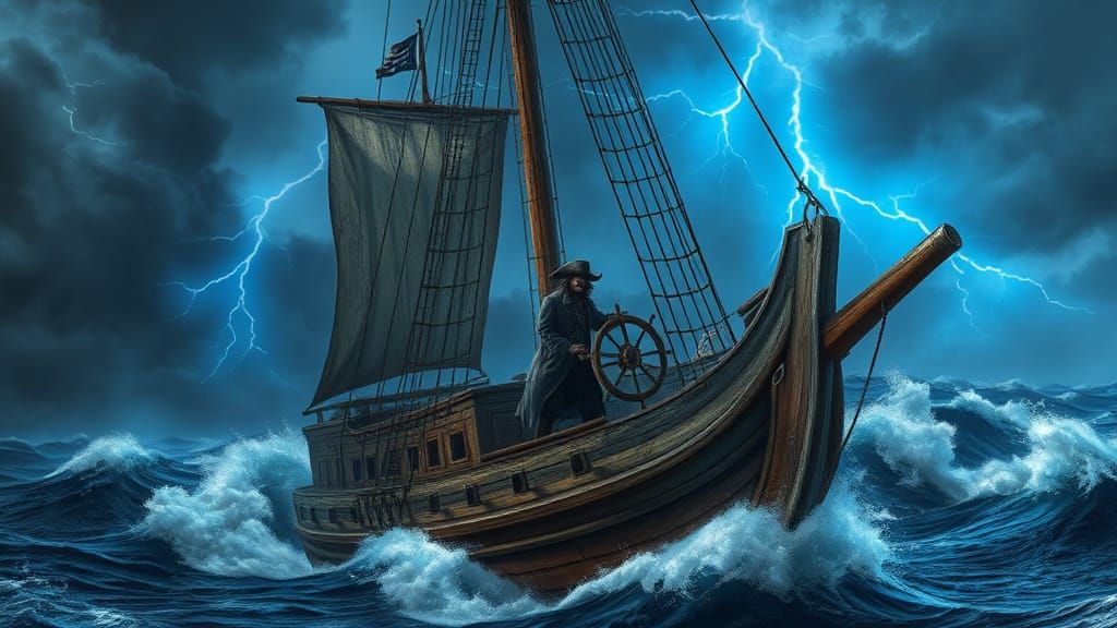 Pirate Ship Amidst Stormy Seas in Dreamlike Style