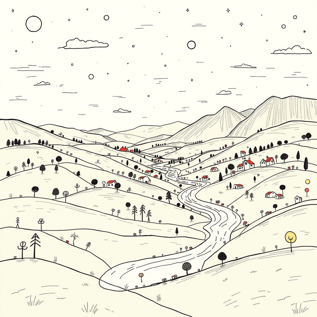 Dreamlike Doodle Landscape of Rolling Hills and Simple Shape...