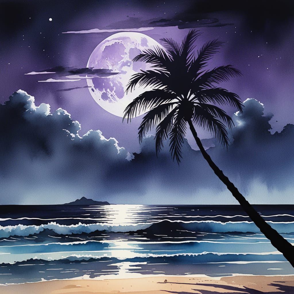 Moonlit Ocean Watercolour Painting in Dreamy Style