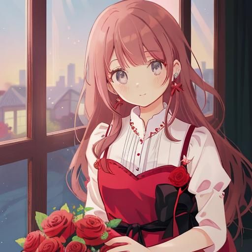 Anime Girl with Ruby Earrings and Red Dress