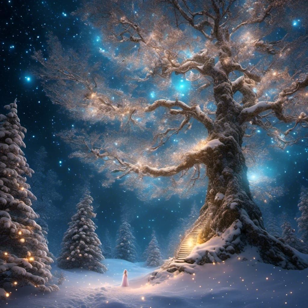 Enchanted Christmas Tree in Snowy Starry Forest