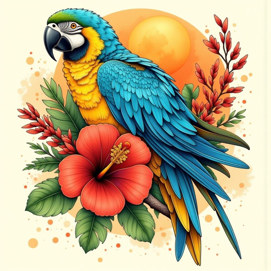 Neo-Traditional Tattoo of Tropical Parrot in Blue