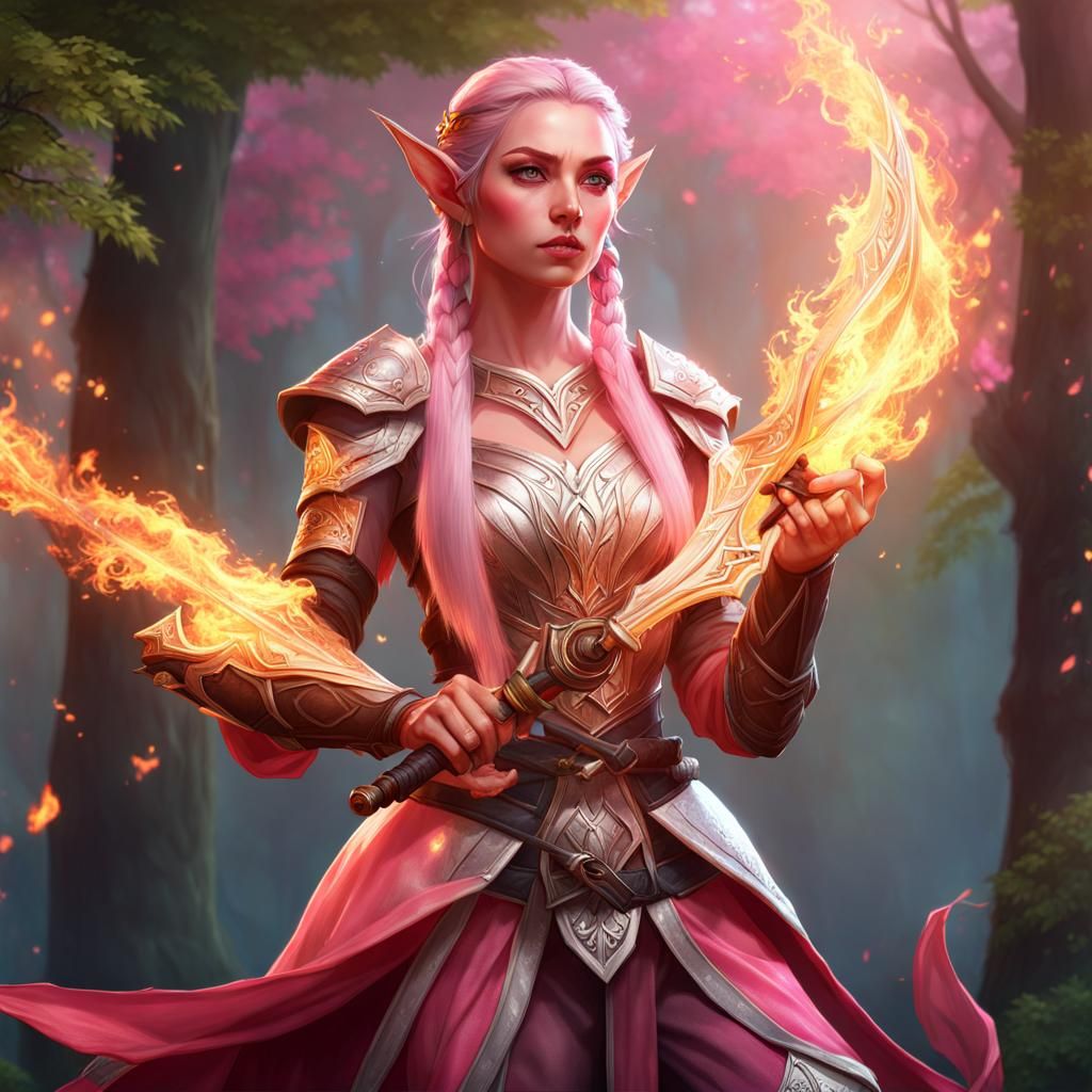 Elf Bard Juggling Flaming Swords: Digital Art