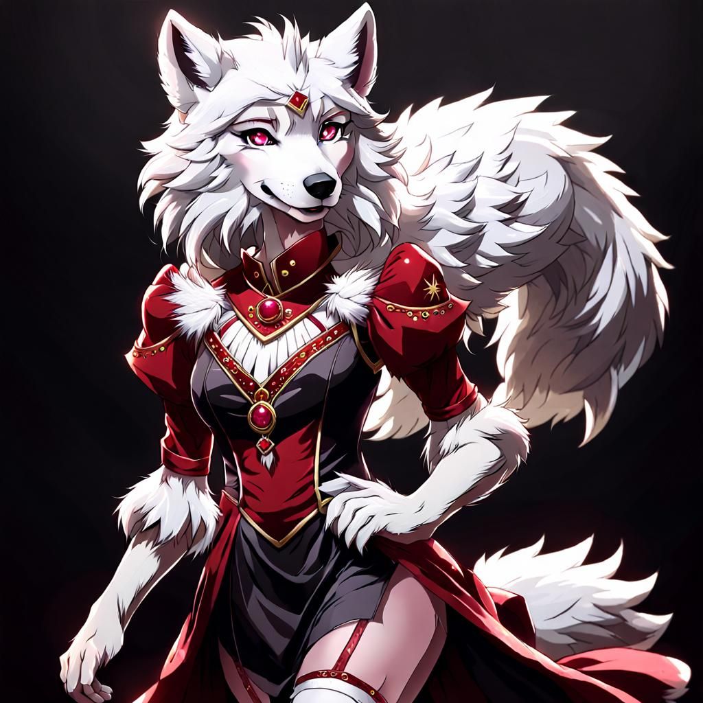 Ruby Haired Anthro White Wolf in Anime Style