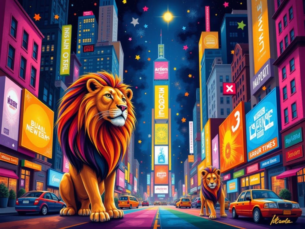 Cartoon Lions Celebrate New Year's Eve in Times Square