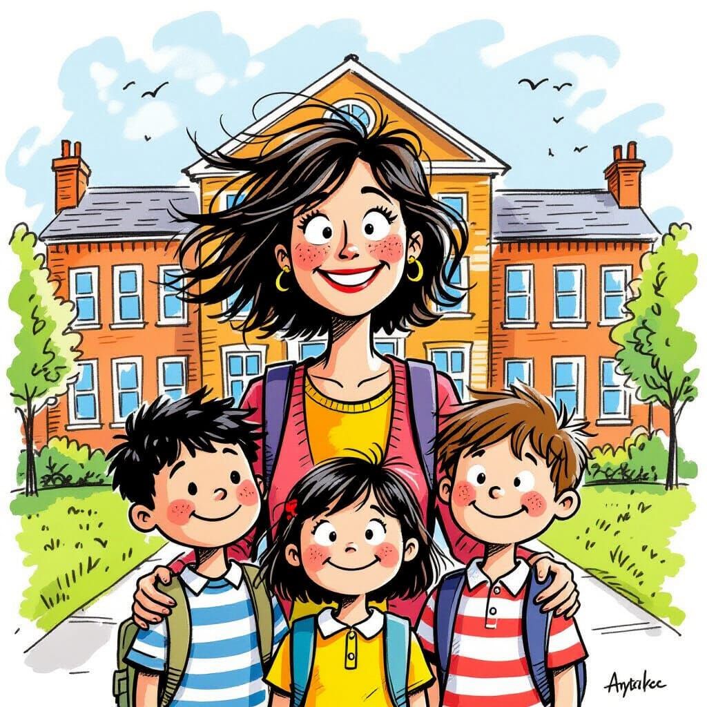Joyful Family at School in Whimsical Style