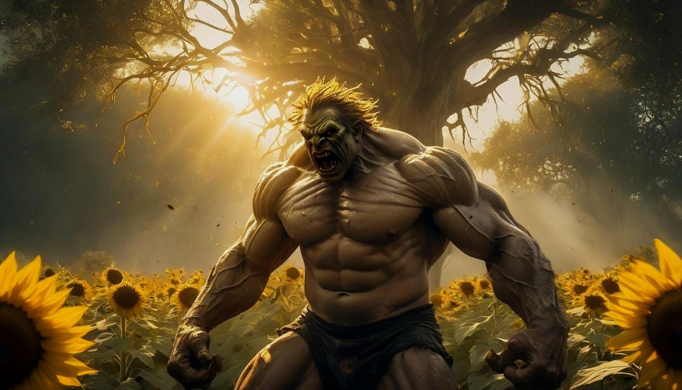 Ogre Charges Through Sunflower Field: Dark Fantasy Art