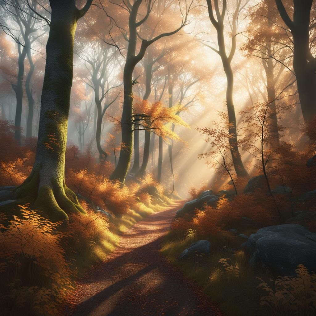 Magical Autumn Forest Path in Golden Light