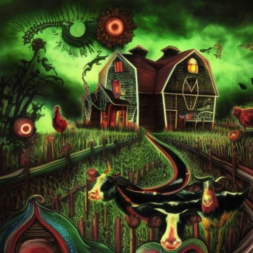 Psychedelic Midnight Farm in Steampunk Style