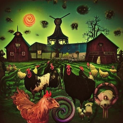 Psychedelic Steampunk Farm at Midnight