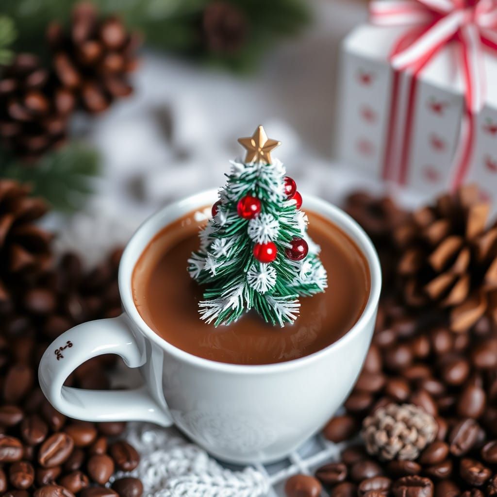 Christmas Tannenbaum Sits in a Cup of Coffee with Cocoa Bean...