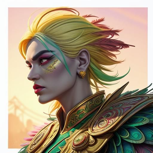 Silver-Skinned Woman with Feathers in Hyperrealism Style