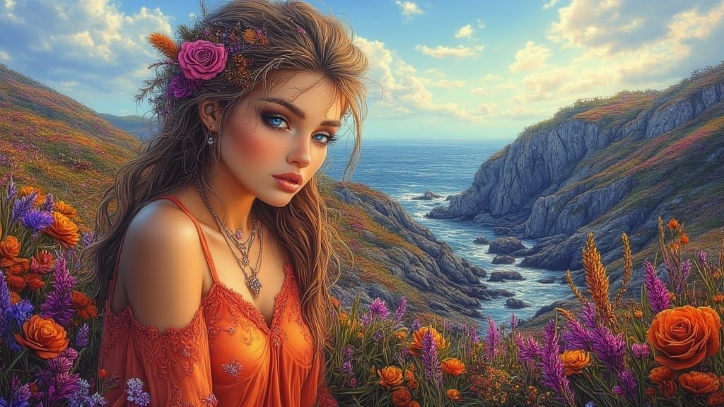 Elegant Woman in Dreamscape, Surrealist Oil Painting