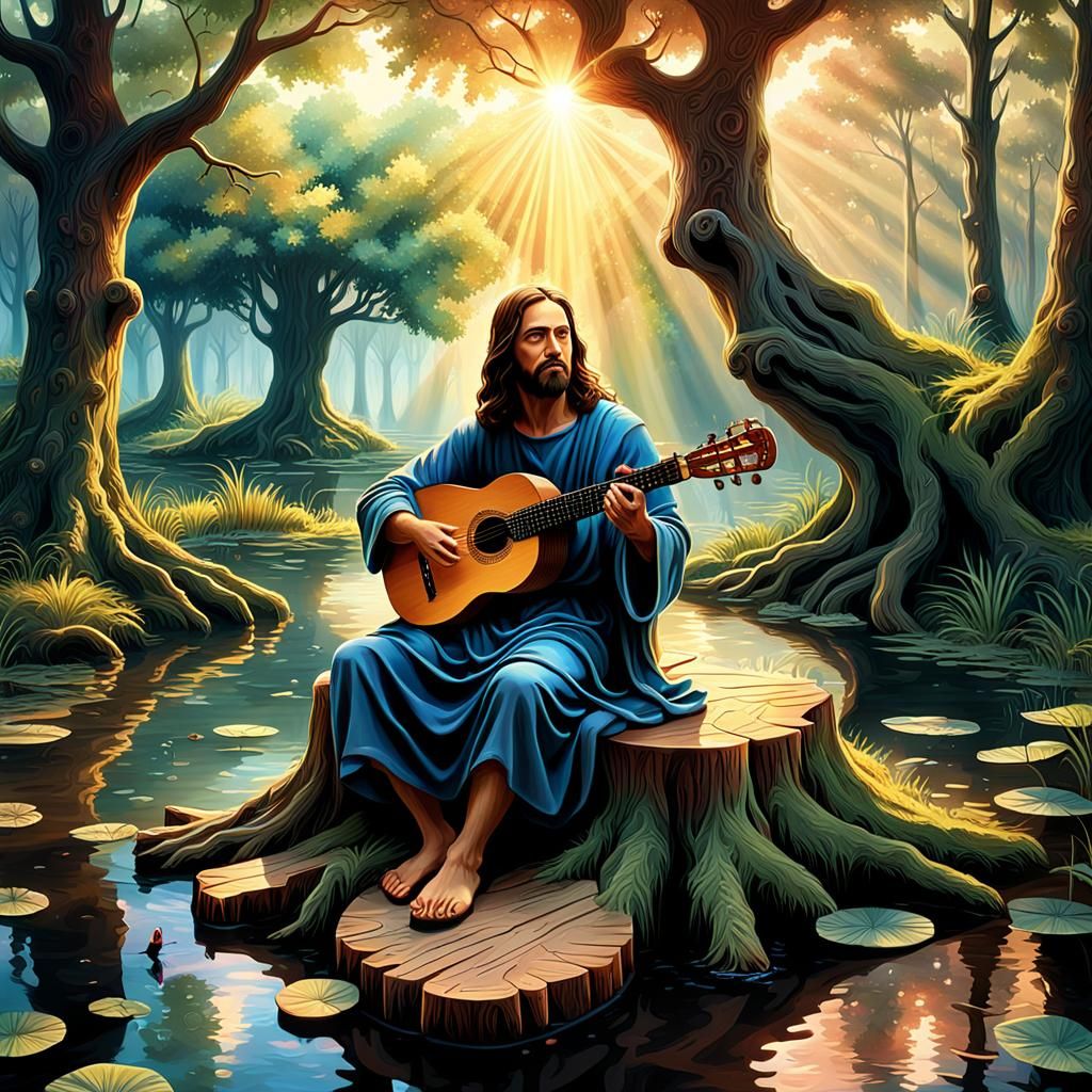 Jesus playing a lute, sitting on a tree stump