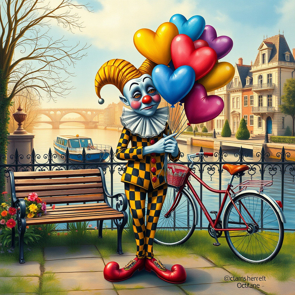 Surreal Whimsy: Jester Holds Heart-Shaped Balloons in a Drea...