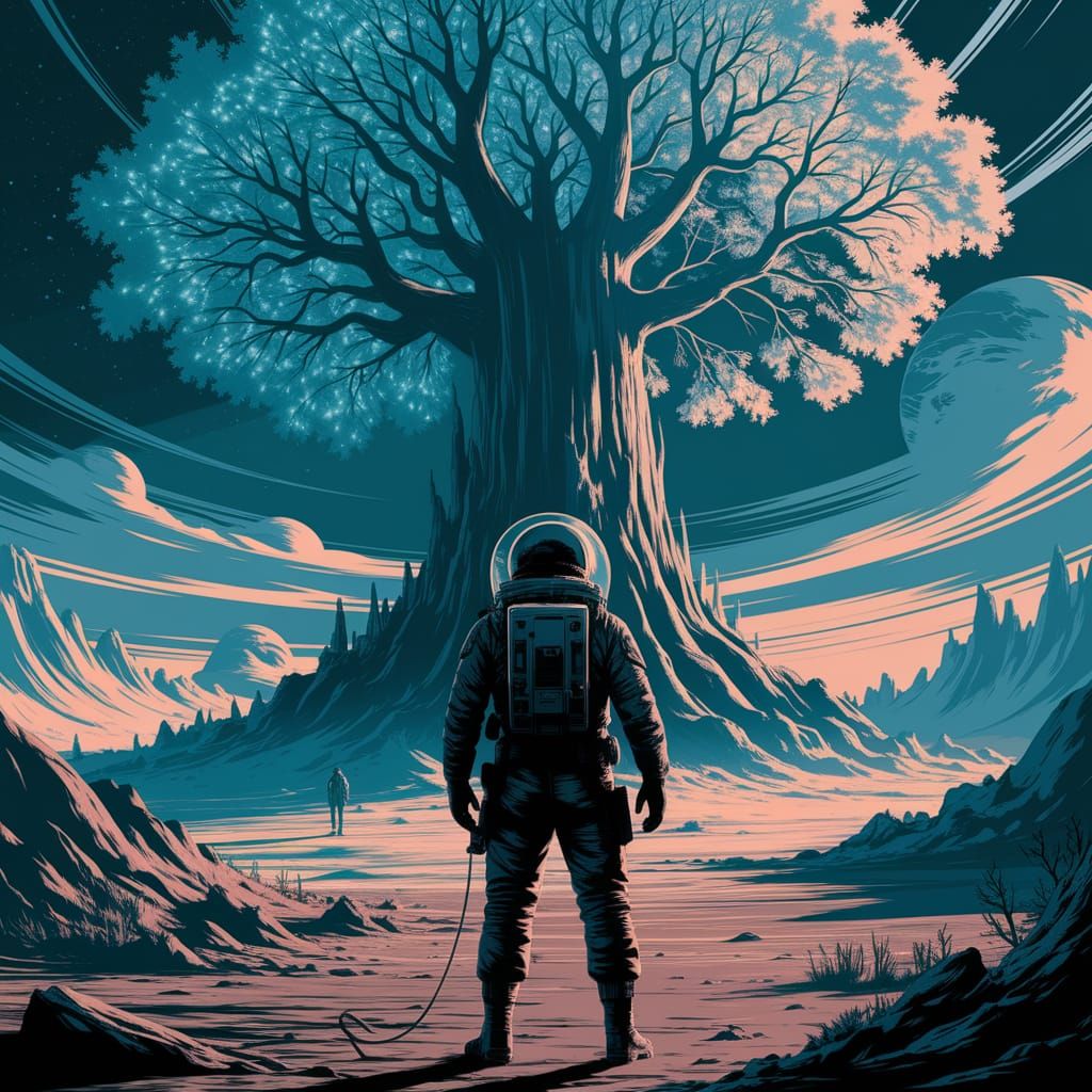 Explorer on Alien Planet Gazing at Bioluminescent Tree