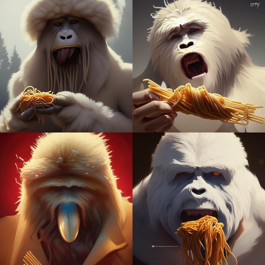 Yeti's Spaghetti Feast: Hyperdetailed Portrait