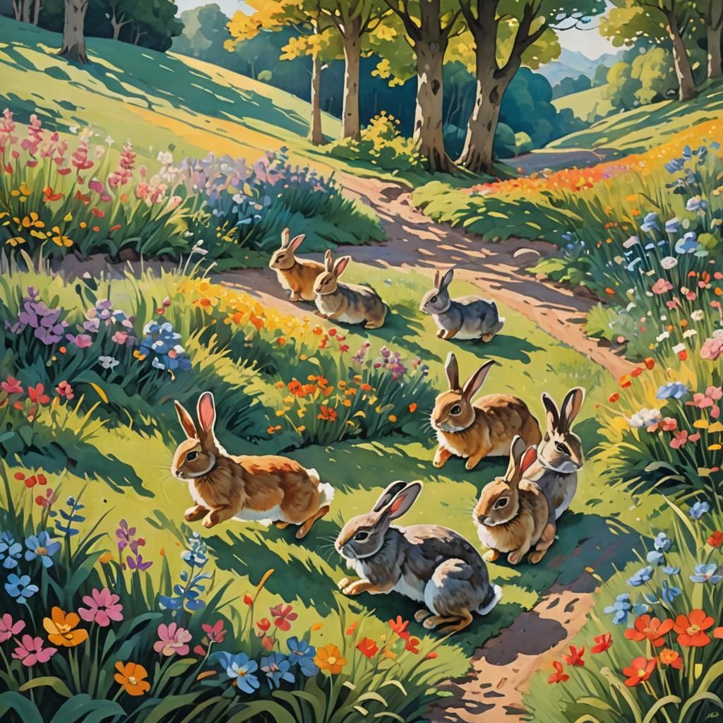 Rabbits Bouncing in Gouache Landscape