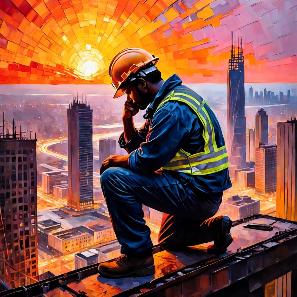 Construction Worker Reflects At Sunset Over City