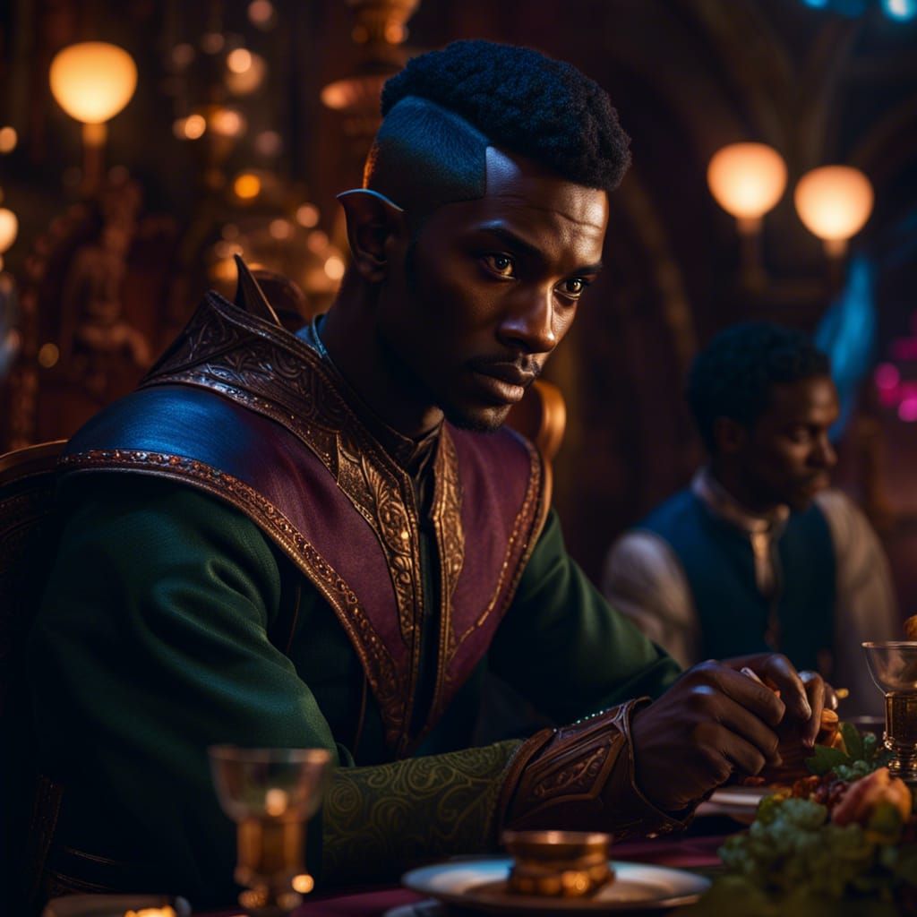 Fantasy Elf at Lavish Banquet: Hyperrealistic Portrait