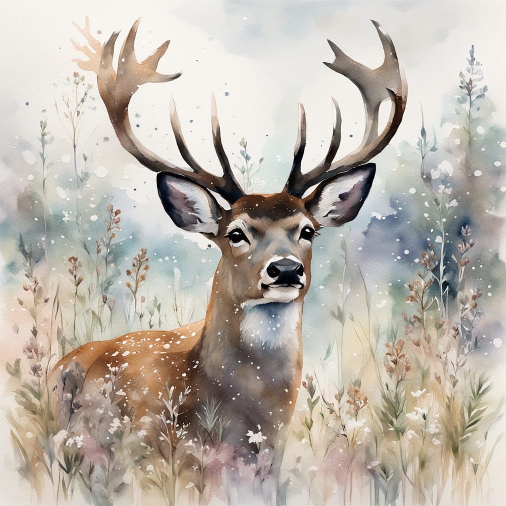 Realistic Watercolor Deer in Snowy Wildflowers