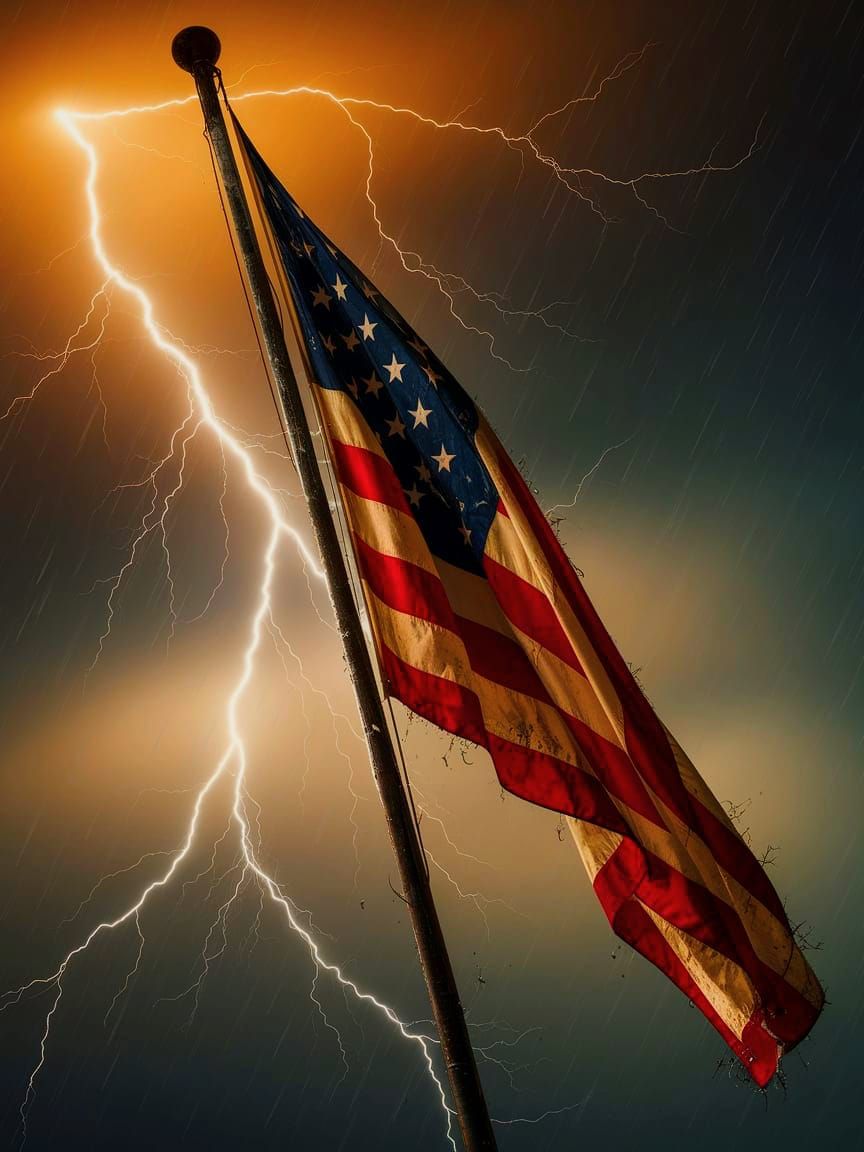 Flag Waves Defiantly in the Stormy Night
