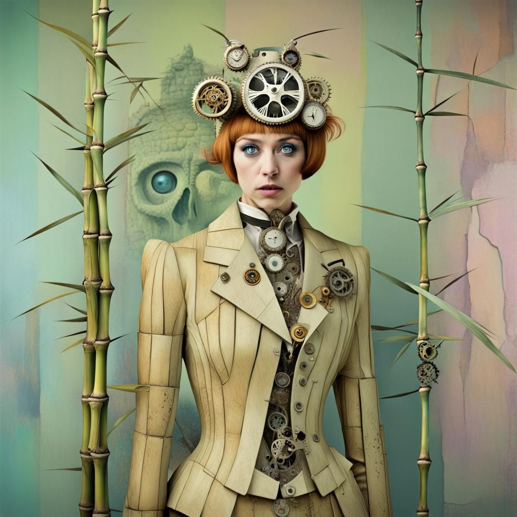 Steampunk Bamboo Sanctuary in a Cracked, Holographic Landsca...
