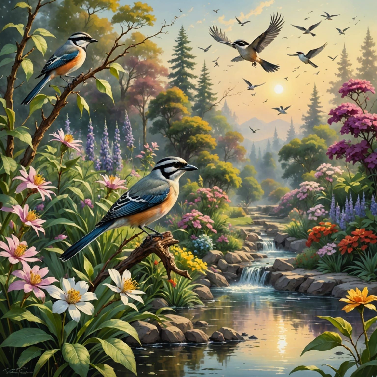 Sparrows and Sunbirds in a Thomas Kinkade-Inspired Garden Sc...
