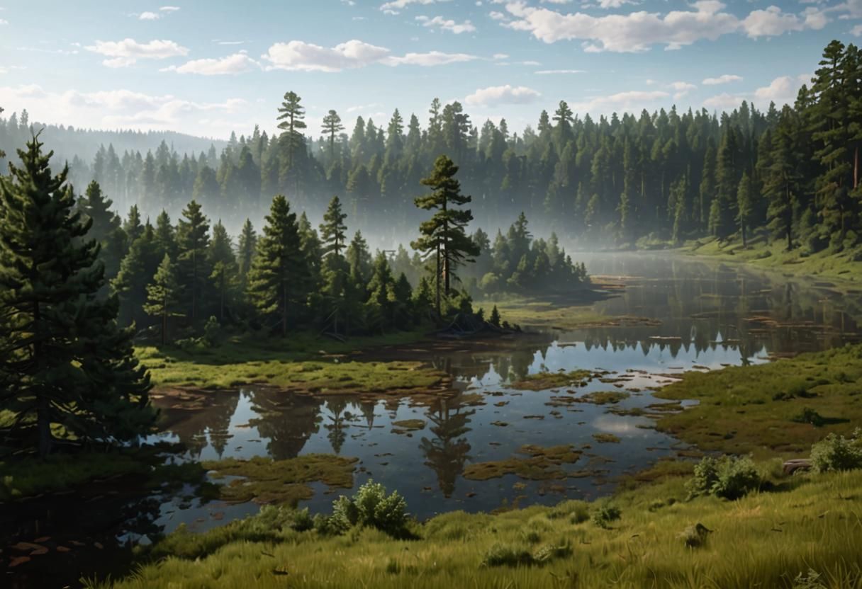 Serene Pine Forest Lake Scene in Hyper-Realistic Digital Art