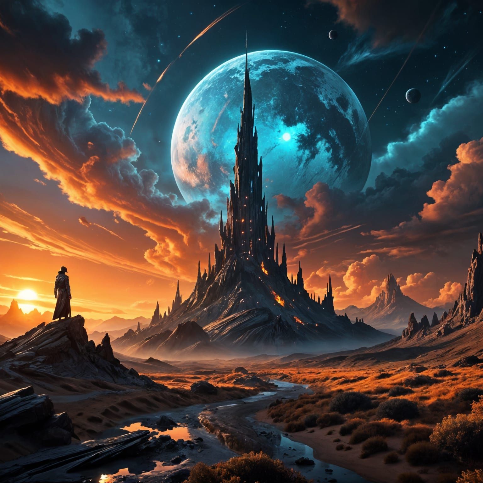 Chrome Spire in Surreal Sci-Fi Landscape