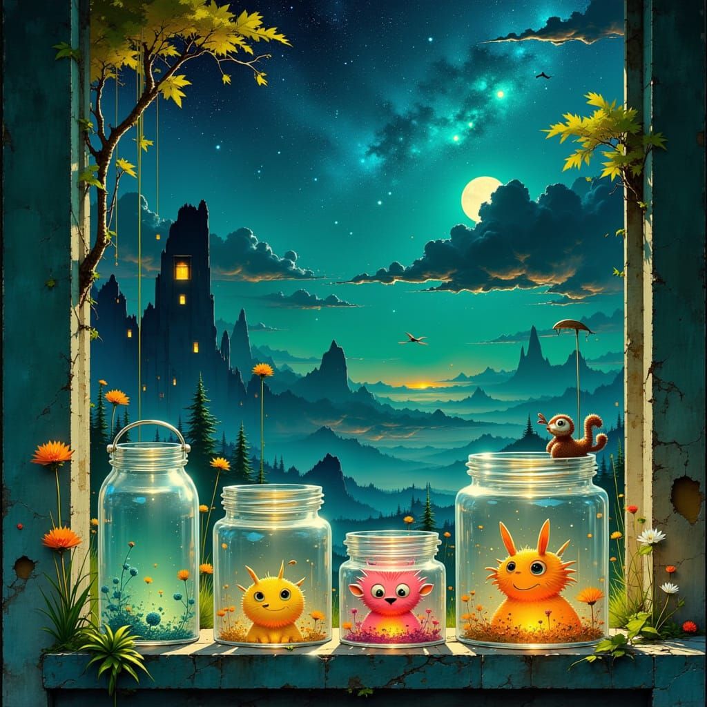 Pastel Monsters Gather in Glass Jars Under Moonlight