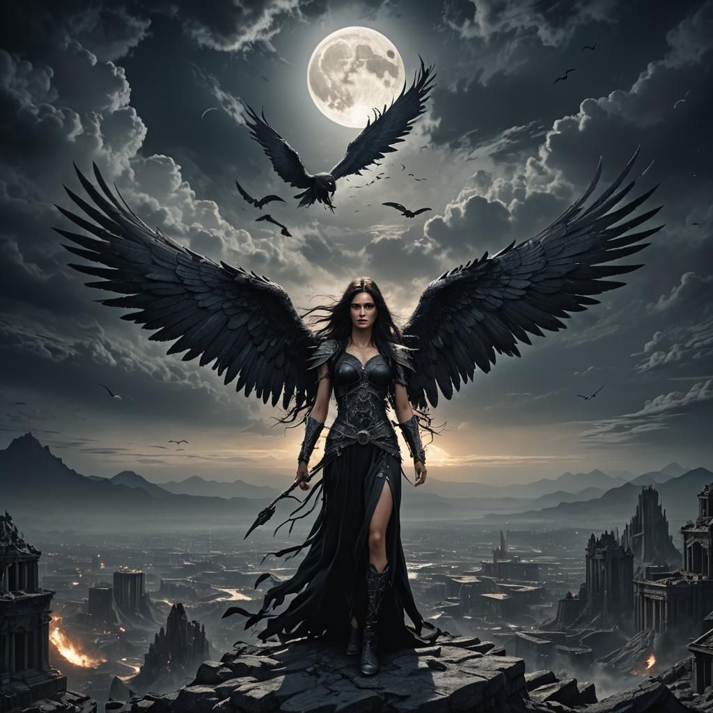 Apocalyptic Dark Angel with Black Wings Digital Painting