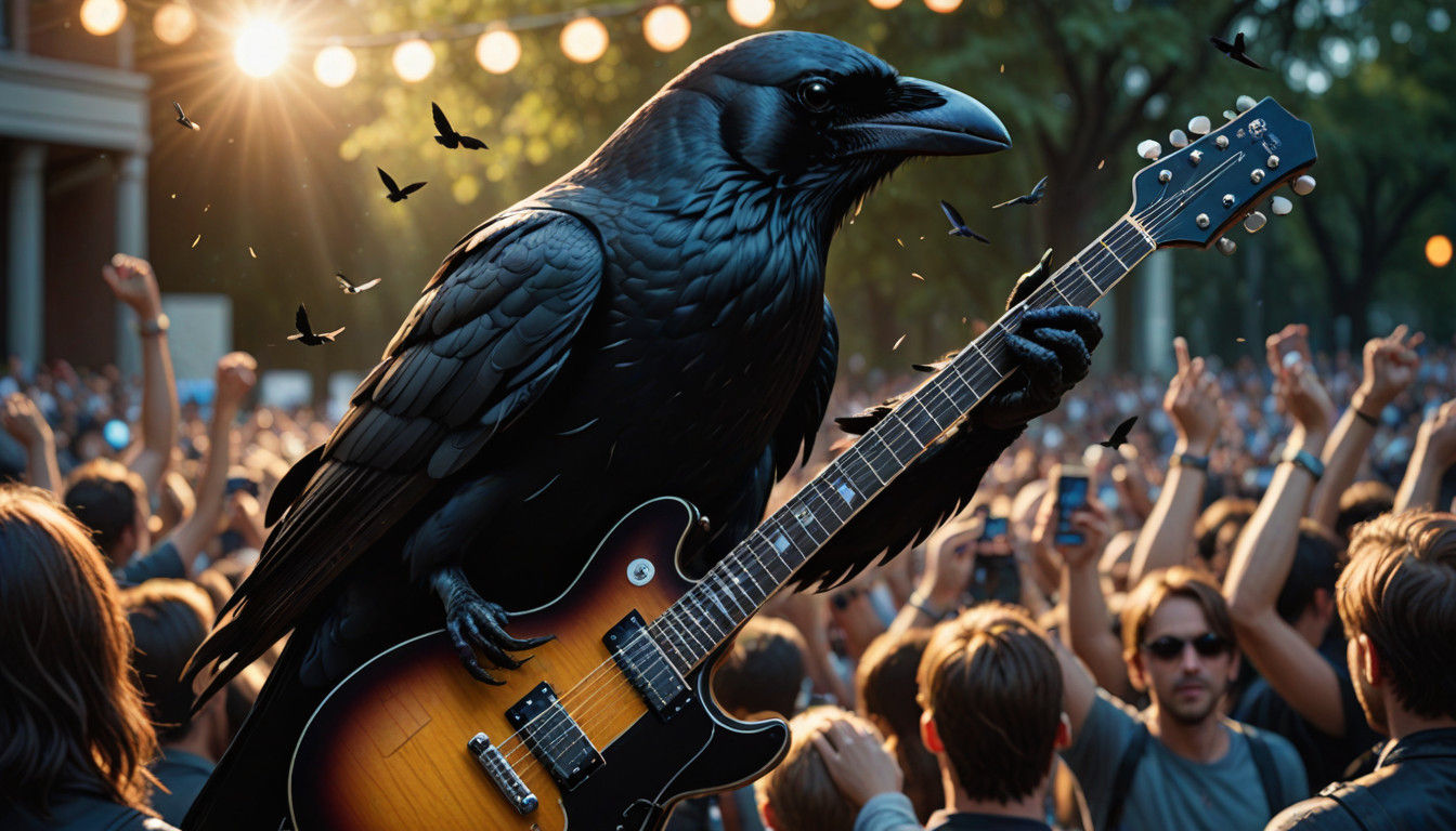 Guitar-Shredding Crow Takes Center Stage in Vibrant Avian Co...