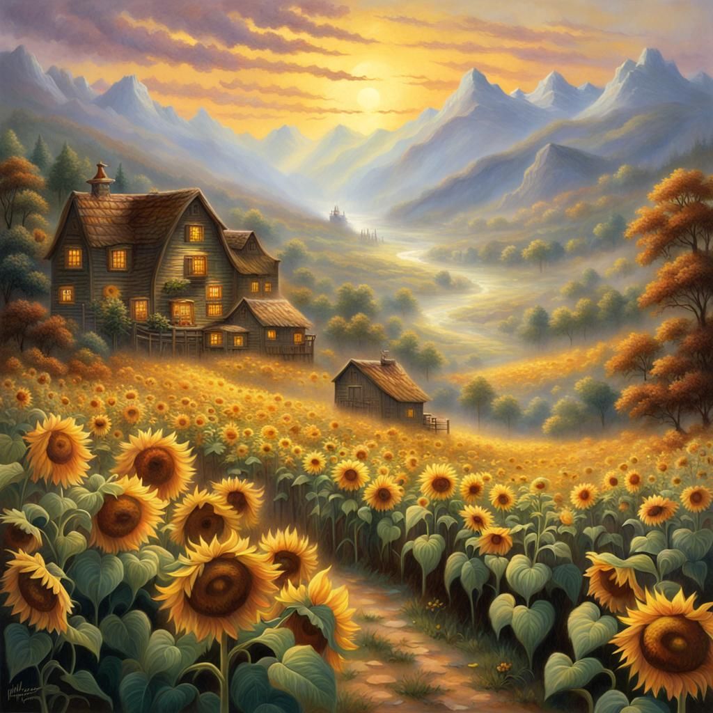 Sunflower Field Scarecrow in Valley, Ethereal Style