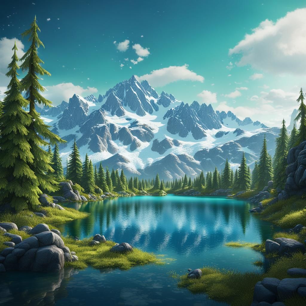 Blue Lake, Green Trees, and Snowcapped Mountains