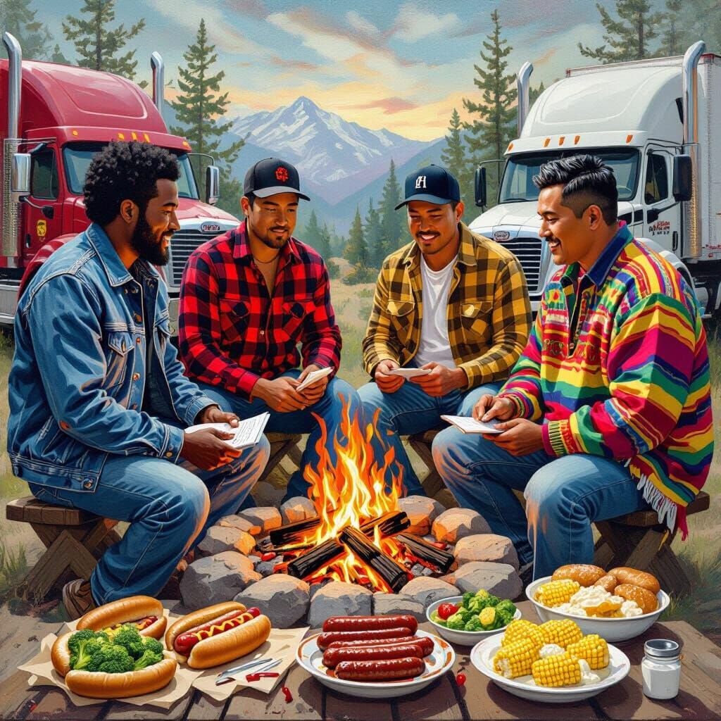 Diverse Truckers Gather 'Round Campfire, Folk Art Style