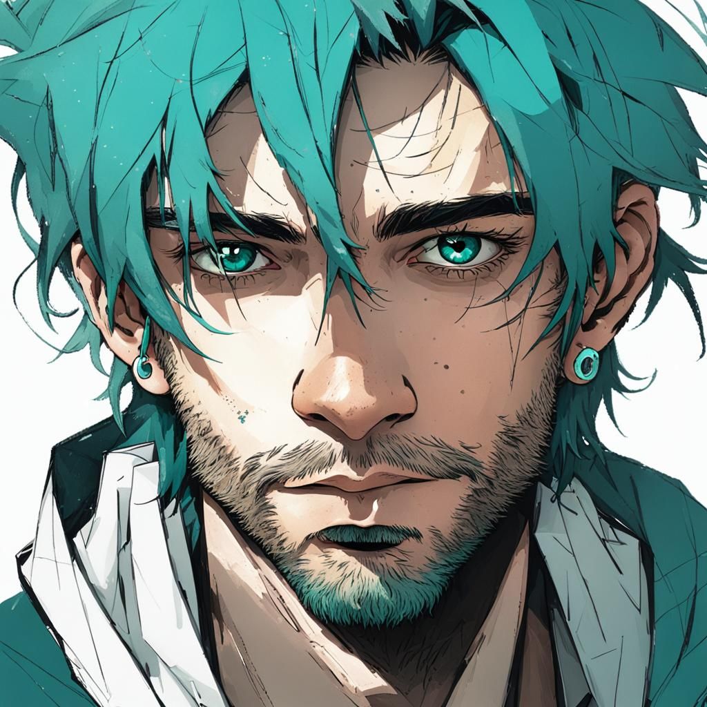 Man with Teal Hair: Hyper-Realistic Anime Portrait