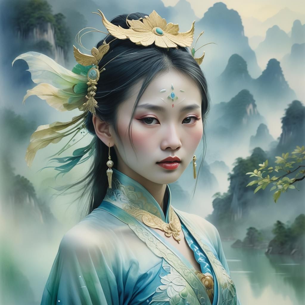 Surreal Asian Fantasy Portrait in Watercolor Style